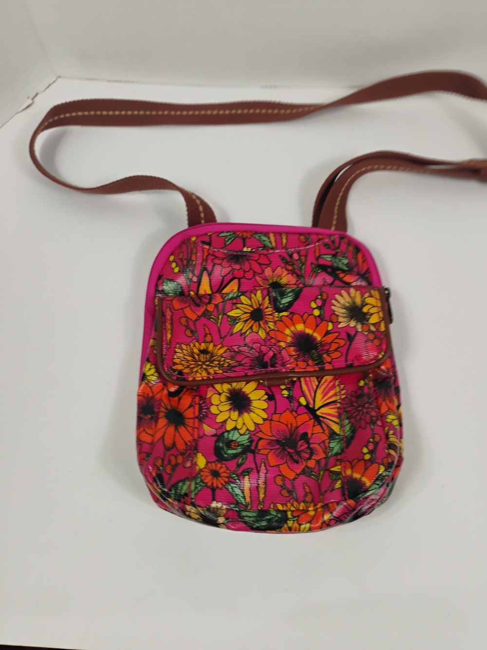 Floral Pink Crossbody Bag with Brown Strap